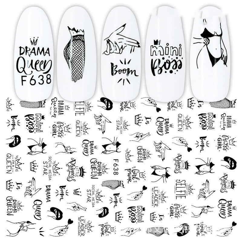 3D Nail Stickers – Black & White Rose Heart Ink Nail Decals